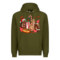 Army Green Christmas tree cake American football  ball and hot dogs ado Premium Hoodie - AdoDesignShop