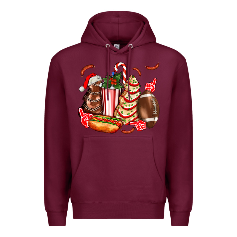 Christmas Tree Cake American Football  Ball And Hot Dogs Ado Premium Hoodie by AdoDesignShop | Teevron