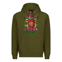 Army Green i'm freakin freezin pink christmas long haired cow Premium Hoodie - Jasminsmagicworld