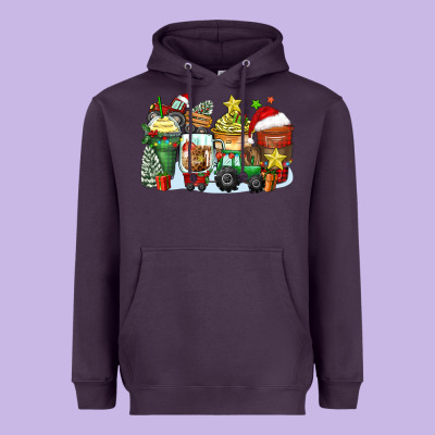 Christmas Tractor Coffee Cups Heavyweight Hoodie Designed By Zillion Design Studio