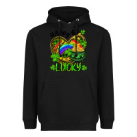 Black Happy Go Lucky Pot Of Gold And Rainbow Heart Heavyweight Hoodie - RanaPortraitStore