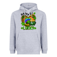 Heather Grey Happy Go Lucky Pot Of Gold And Rainbow Heart Heavyweight Hoodie - RanaPortraitStore