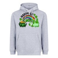 Heather Grey Happy Go Lucky Rainbow Shamrocks And Pot Of Gold Heavyweight Hoodie - RanaPortraitStore