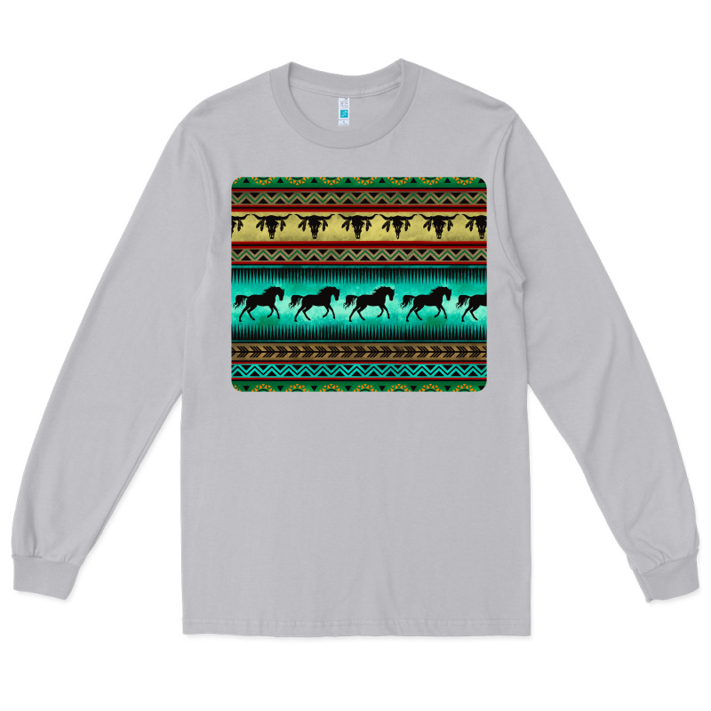 Turquoise Horse And Bullskull Aztec  Pattern Long Sleeve Tee by BarkalooDesign | Teevron