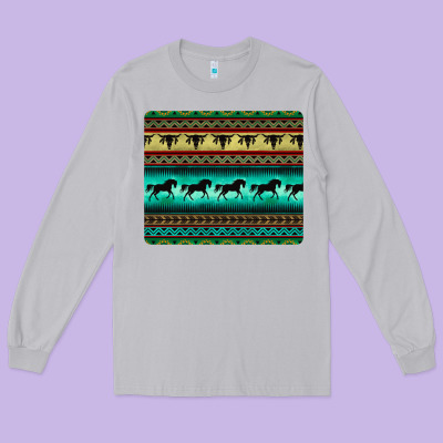 Turquoise Horse And Bullskull Aztec  Pattern Long Sleeve Tee Designed By Barkaloodesign