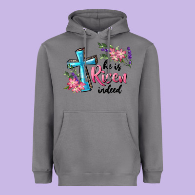 Heavyweight Hoodie He Is Risen Indeed Cross And Flowers