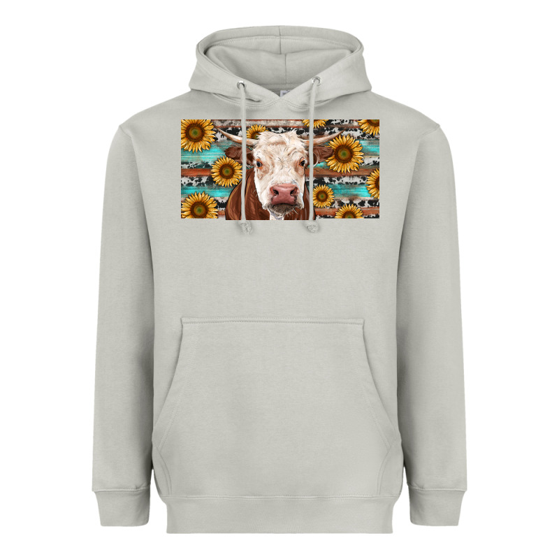 Heifer With Sunflower And Serape Heavyweight Hoodie by RanaPortraitStore | Teevron