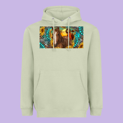 Heavyweight Hoodie horse and desert with sunflowers gemstone