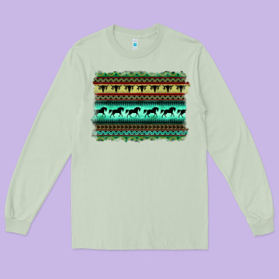 Turquoise Aztec Bullskull And Horse Long Sleeve Tee Designed By Barkaloodesign
