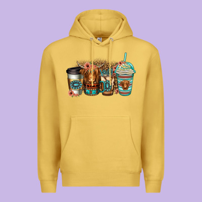 Serape Floral Longhaired Cow Coffee Cups Premium Hoodie Designed By Jasminsmagicworld