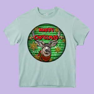 Mule Buck Deer Head Christmas Heavy Core Tee Designed By Lillyallendesigns