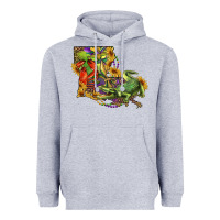 Heather Grey Louisiana Map With Mardi Gras Crocodile Heavyweight Hoodie - RanaPortraitStore