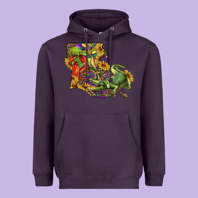 Heavyweight Hoodie Louisiana Map With Mardi Gras Crocodile