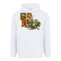 White Louisiana Map With Mardi Gras Crocodile Heavyweight Hoodie - RanaPortraitStore