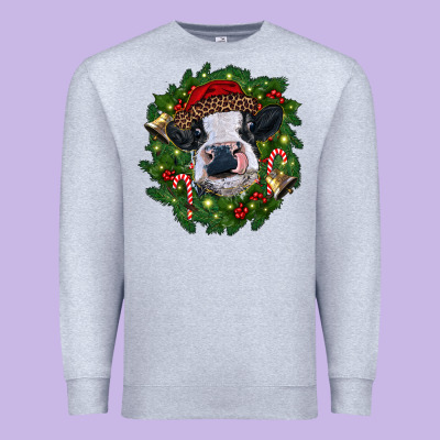 Heifer Cow With Christmas Wreath Premium Sweatshirt Designed By Ranaportraitstore