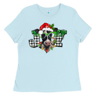 Baby Blue Christmas joy black and white cow Ladies Tee - BarkalooDesign