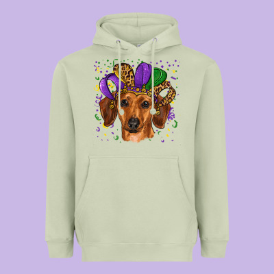 Heavyweight Hoodie mardi gras hat dachshund