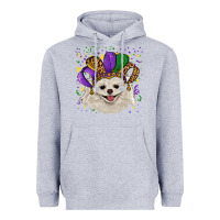 Heather Grey Mardi Gras White Pomeranian with Hat Heavyweight Hoodie - RanaPortraitStore