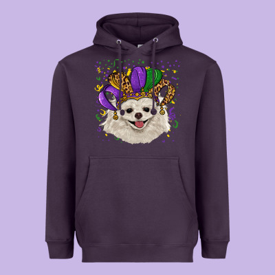 Heavyweight Hoodie Mardi Gras White Pomeranian with Hat