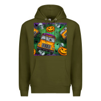 Army Green halloween bus and pumpkin seamless pattern Premium Hoodie - BundleAndBundleShop