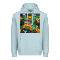 Blue Mist halloween bus and pumpkin seamless pattern Premium Hoodie - BundleAndBundleShop