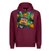 Burgundy halloween bus and pumpkin seamless pattern Premium Hoodie - BundleAndBundleShop