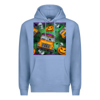 Colony Blue halloween bus and pumpkin seamless pattern Premium Hoodie - BundleAndBundleShop