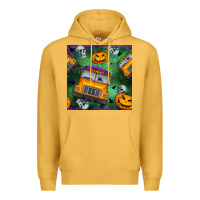 Mustard halloween bus and pumpkin seamless pattern Premium Hoodie - BundleAndBundleShop