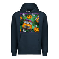 Navy halloween bus and pumpkin seamless pattern Premium Hoodie - BundleAndBundleShop