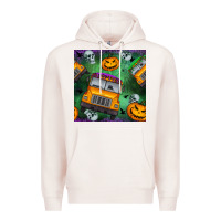 Pale Pink halloween bus and pumpkin seamless pattern Premium Hoodie - BundleAndBundleShop