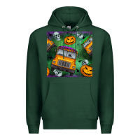 Sports Green halloween bus and pumpkin seamless pattern Premium Hoodie - BundleAndBundleShop