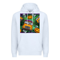 White halloween bus and pumpkin seamless pattern Premium Hoodie - BundleAndBundleShop