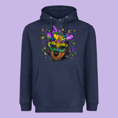 Heavyweight Hoodie Mardi Gras Dachshund Puppy with Mask