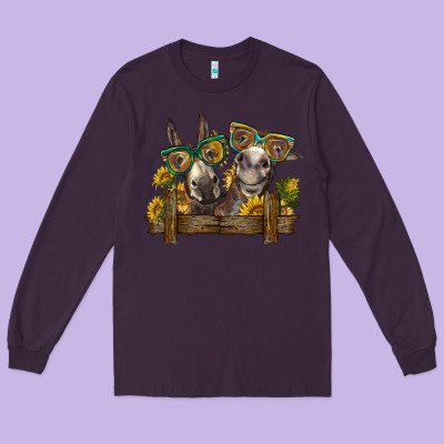 2 Donkeys With Sunflowers Long Sleeve Tee Designed By Barkaloodesign