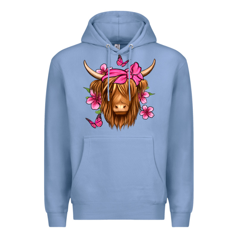 Floral Pink Bandana Longhaired Cow Premium Hoodie by Jasminsmagicworld | Teevron