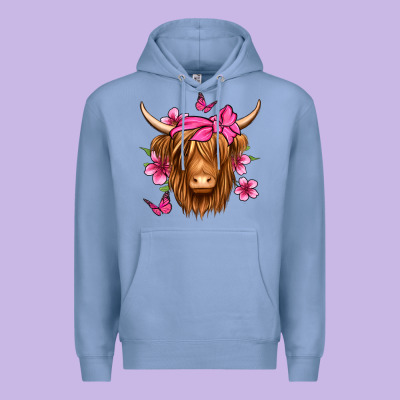 Floral Pink Bandana Longhaired Cow Premium Hoodie Designed By Jasminsmagicworld