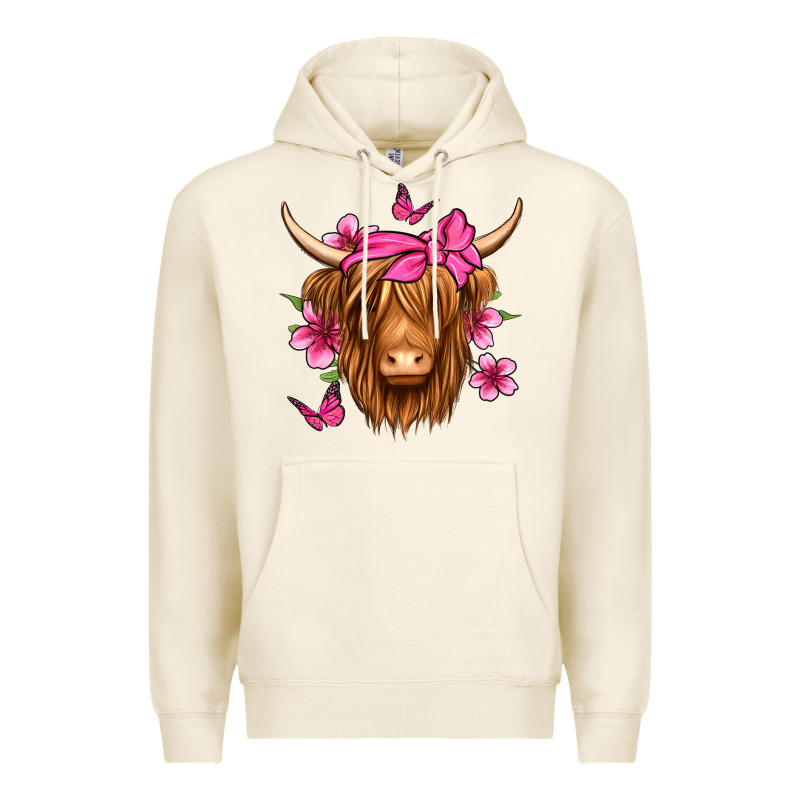 Floral Pink Bandana Longhaired Cow Premium Hoodie by Jasminsmagicworld | Teevron