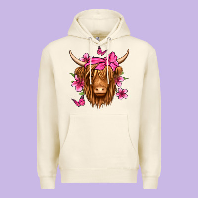 Floral Pink Bandana Longhaired Cow Premium Hoodie Designed By Jasminsmagicworld