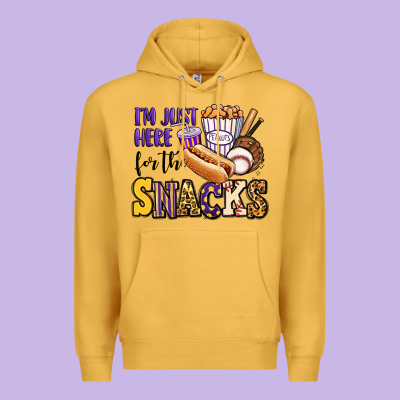 I'm Just Here For The Snacks Baseball Purple And G Premium Hoodie Designed By Jasminsmagicworld