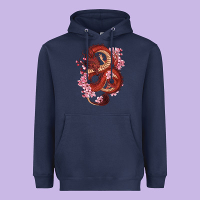 Heavyweight Hoodie red dragon and sakura cherry blossoms