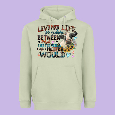 Living Life Somewhere Between Jesus Take The Wheel Heavyweight Hoodie Designed By Zillion Design Studio