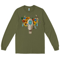 Army Green boho bull skull Long Sleeve Tee - BarkalooDesign