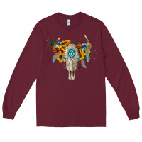 Burgundy boho bull skull Long Sleeve Tee - BarkalooDesign