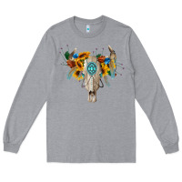 Heather Grey boho bull skull Long Sleeve Tee - BarkalooDesign