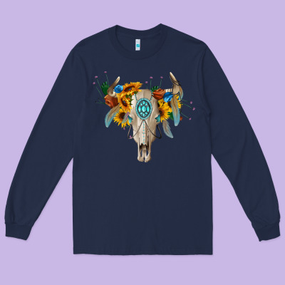 Boho Bull Skull Long Sleeve Tee Designed By Barkaloodesign