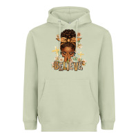 Believe Praying Afro Messy Bun Heavyweight Hoodie | Teevron