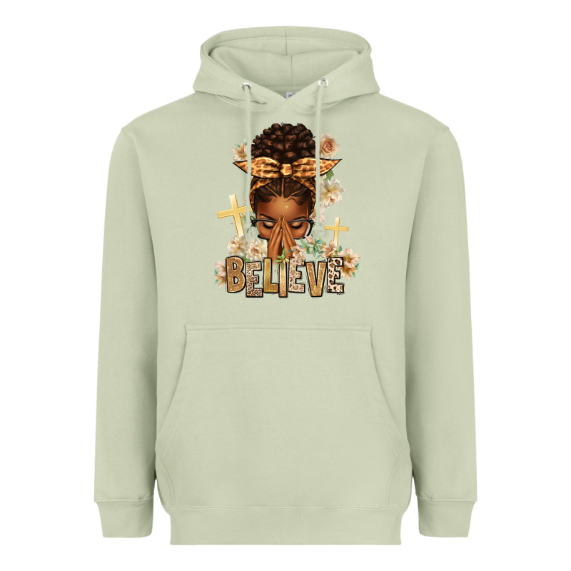 Believe Praying Afro Messy Bun Heavyweight Hoodie by texasbilliewilder | Teevron