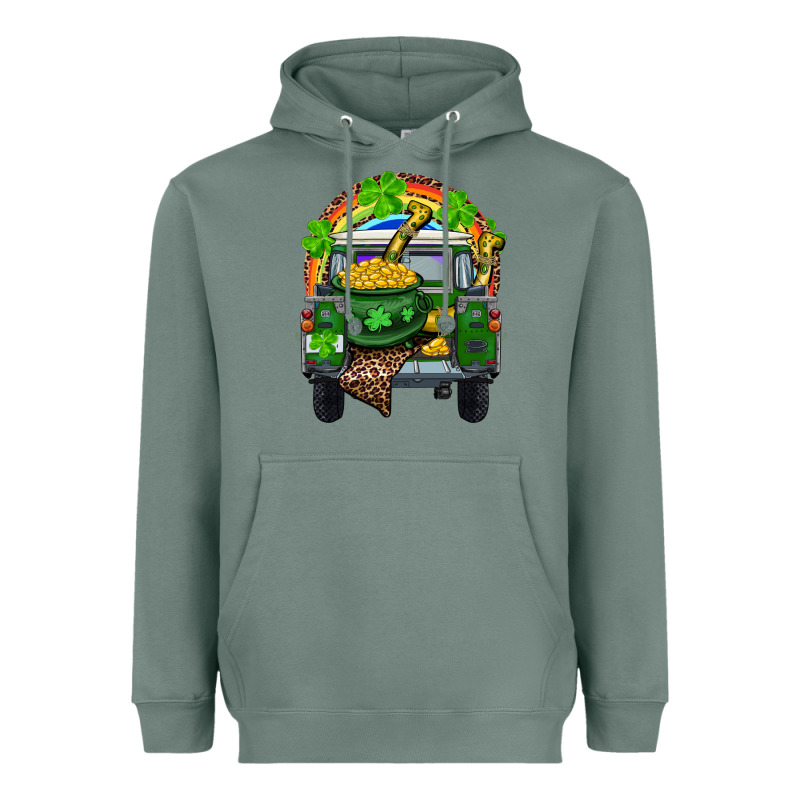 St Patrick's Day Truck With Pot Of Gold Horseshoe And Rainbow Heavyweight Hoodie by RanaPortraitStore | Teevron