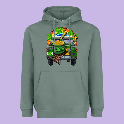 Heavyweight Hoodie St Patrick's Day Truck With Pot Of Gold Horseshoe And Rainbow
