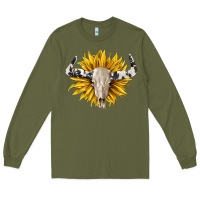 Army Green cowhide bull skull and sunflower Long Sleeve Tee - BarkalooDesign
